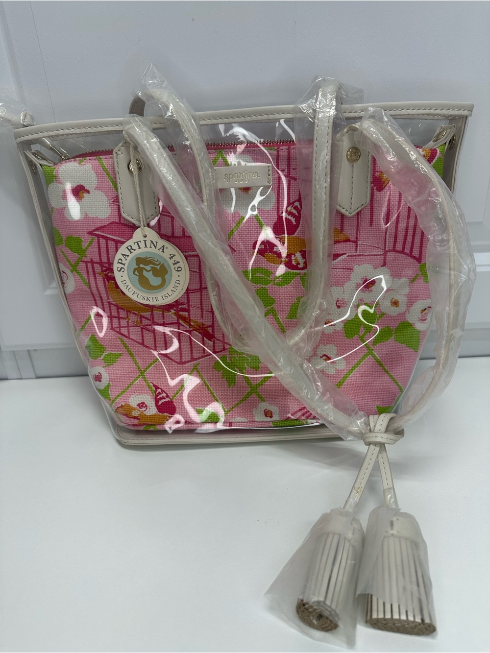 Spartina 449 Pink Floral Clear Tote with Cream Trim